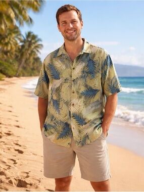 Tommy Bahama men's 100% silk Hawaiian shirt green and blue tropical leaf Size Sm